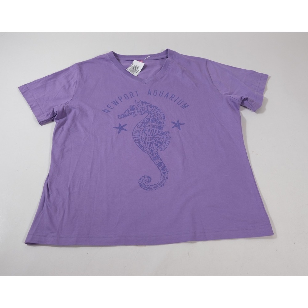 LAT T-Shirt Womens Large Lavender Newport Aquarium Seahorse Graphic V-Neck Tee